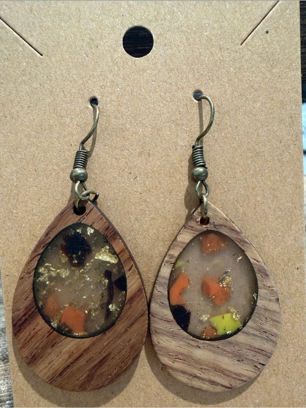 Wooden Teardrop Resin Earrings with Orange & Gold Accents